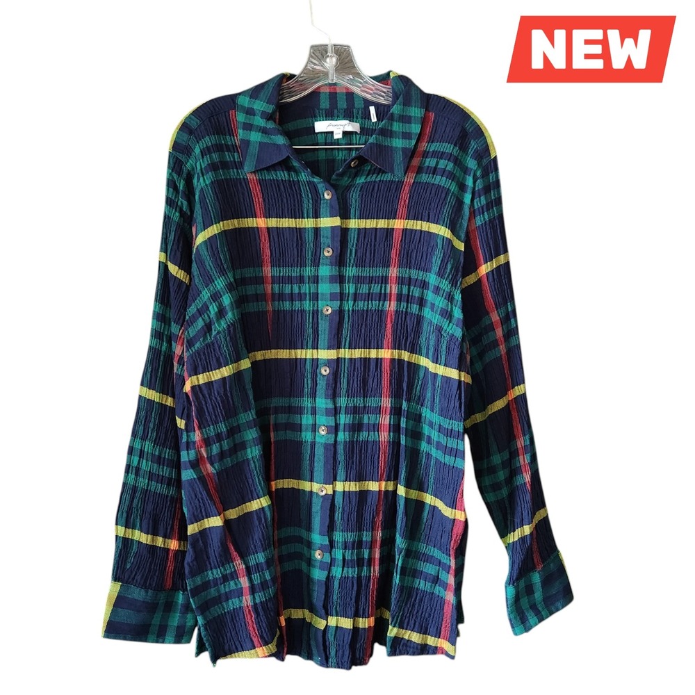Foxcroft Women's 20W Rhea Gauzy Long Sleeve Herringbone Pucker Tartan Green NWT